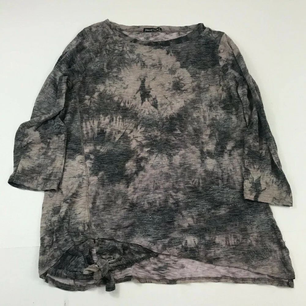 David Cline Womens Top Front Tie Dye Shirt 3/4 Sleeve Knit Pullover Gray S Small